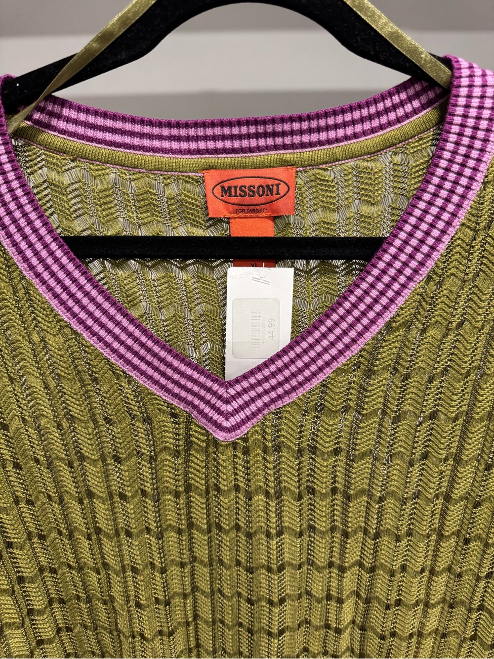 Missoni for Target Olive Green V-Neck Sweater with Pink Trim